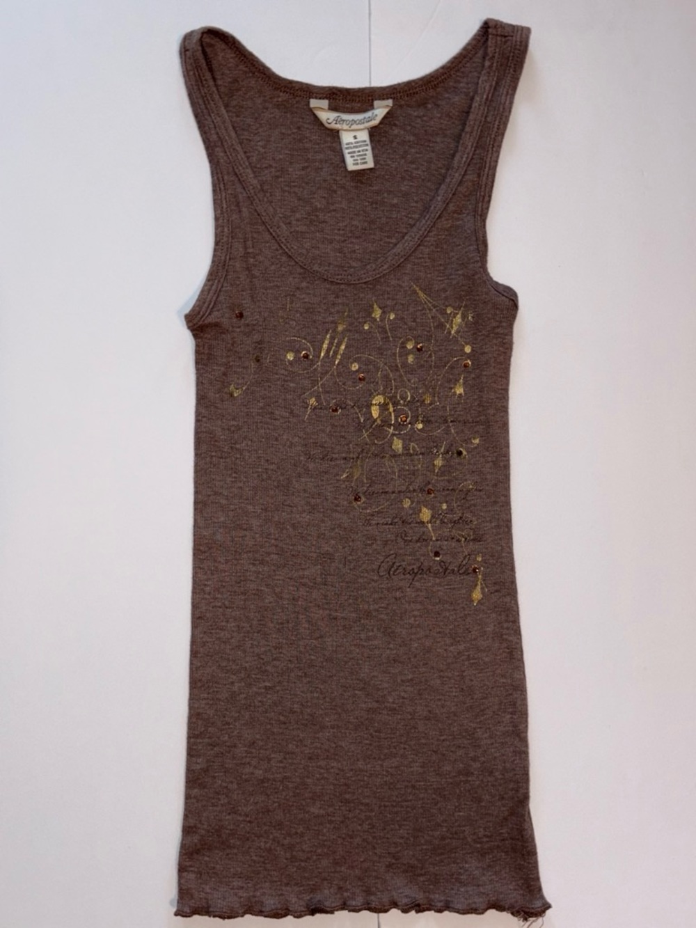 Aeropostale Brown Graphic Ribbed Tank with Gold Foil and Rhinestones